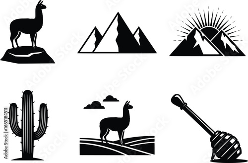 Rustic silhouette collection featuring llamas mountains desert cactus and honey dipper for branding and design