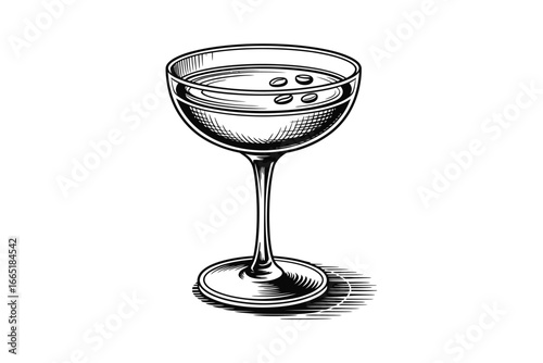 Elegant Coupe Cocktail Glass with Coffee Beans Black and White Illustration