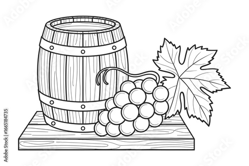 Wine barrel grapes and leaf on wooden surface coloring page