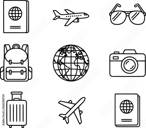 Collection of travel icons passport airplane luggage sunglasses globe camera backpack for adventure journeys