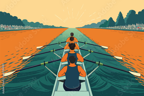Perspective view from a boat stern with rowers.
