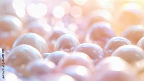 Close-up of softly lit, pink-hued pearls with bokeh effects in the background