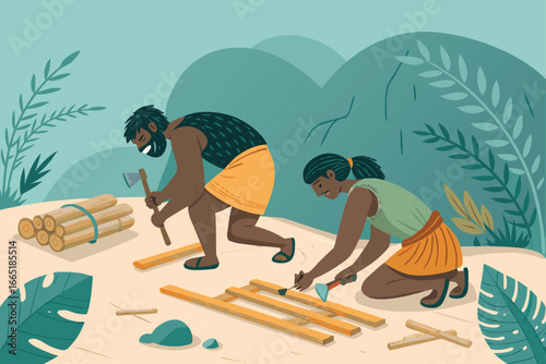 Prehistoric humans constructing wooden traps for animals.