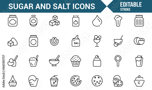 Clean and modern set of sugar and salt icons in an editable stroke style.