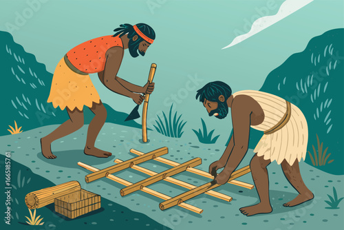 Prehistoric humans constructing wooden traps for animals.