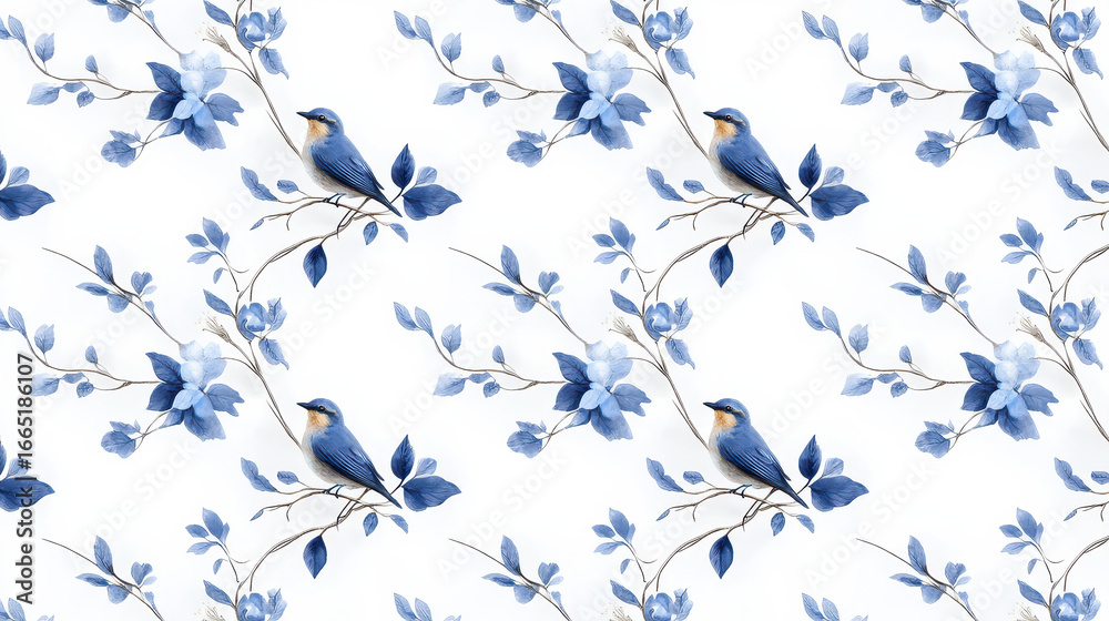 Fototapeta premium Beautiful blue birds perched branches with delicate blue flowers create serene and elegant pattern. This design is perfect