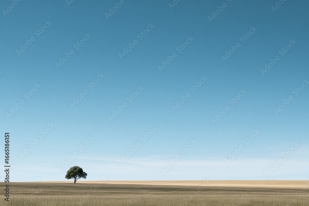 Obraz premium Solitary tree standing in a vast golden field under a clear blue sky, minimalist landscape and nature photography 