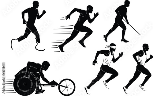 Diverse athletes in motion silhouette set featuring runners wheelchair athlete and hockey player