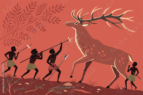 Prehistoric hunters spearing a giant deer in ancient landscape.