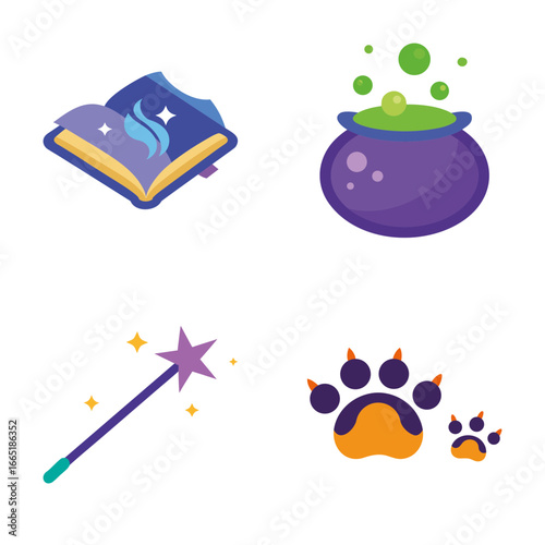 Magical icons featuring an open spellbook bubbling cauldron sparkling wand and animal paw prints
