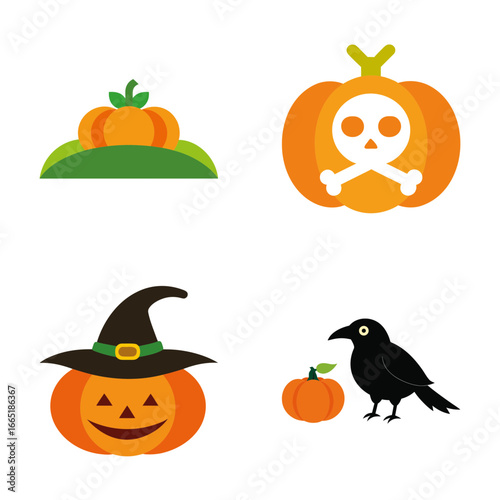 Four halloween themed illustrations featuring pumpkins with a skull a witch hat a crow and a simple pumpkin on grass