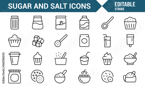 Collection of salt and sugar icons suitable for food, beverage, and kitchen use.