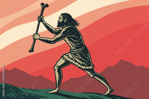 Prehistoric shaman with bone staff performing ritual.