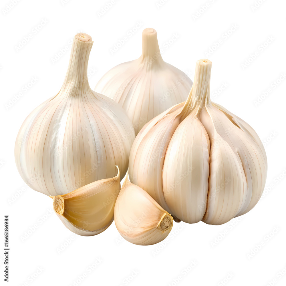 Obraz premium Three garlic bulbs and cloves isolated on transparent background in studio shot
