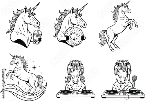 Magical unicorn designs set mythical creatures and dj scenes for enchanting projects
