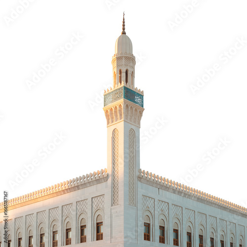 Bilde på lerret Serene Mosque Corner: Warm Sunrise Light, Intricate Architectural Detail, Islamic Design, White Stone Facade