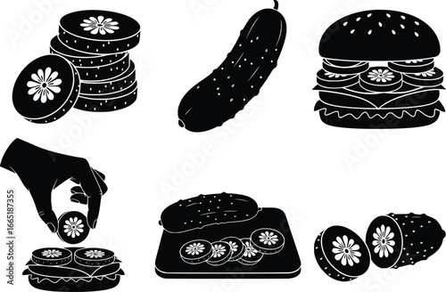 Collection of food silhouettes featuring hamburgers cucumbers and ingredients for meals