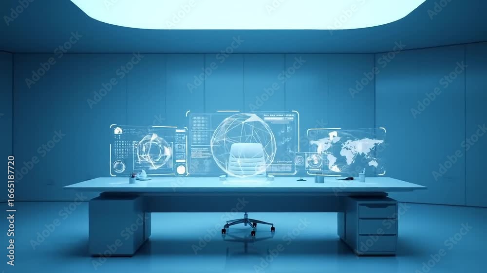 Futuristic office with a sleek desk displaying holographic data, world ...
