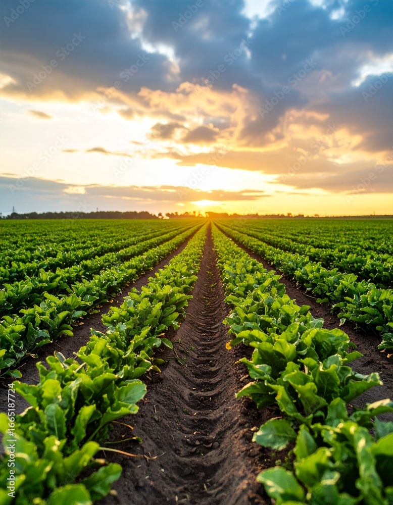 Obraz premium Rows of Sugar Beets at Sunset Under a Dramatic Sky