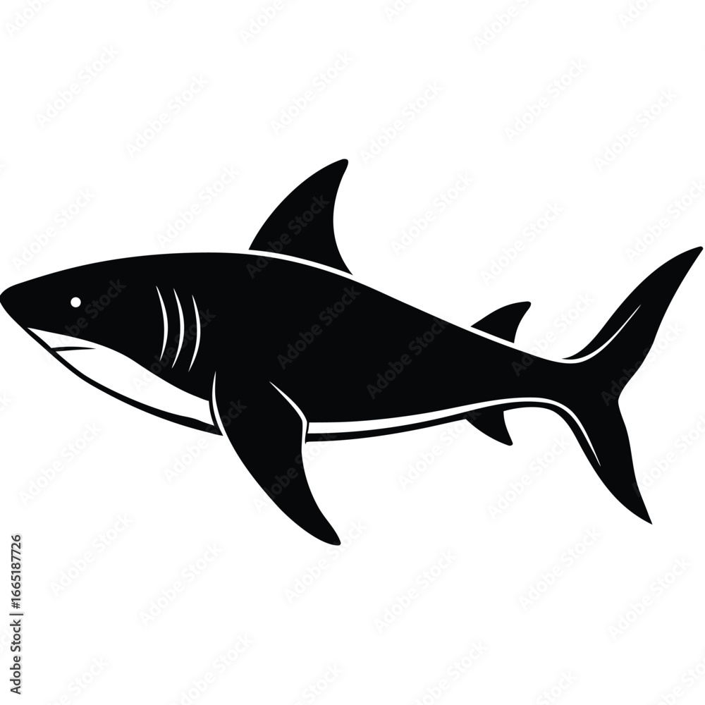 Fototapeta premium Silhouette of a great white shark swimming isolated on white background