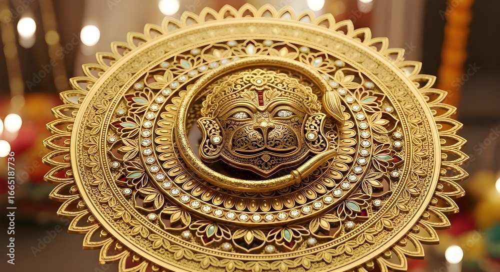 Obraz premium Discover the divine power and intricate beauty of this stunning golden Hanuman mask, adorned with sparkling diamonds and ornate detailing, perfect for cultural and spiritual themes