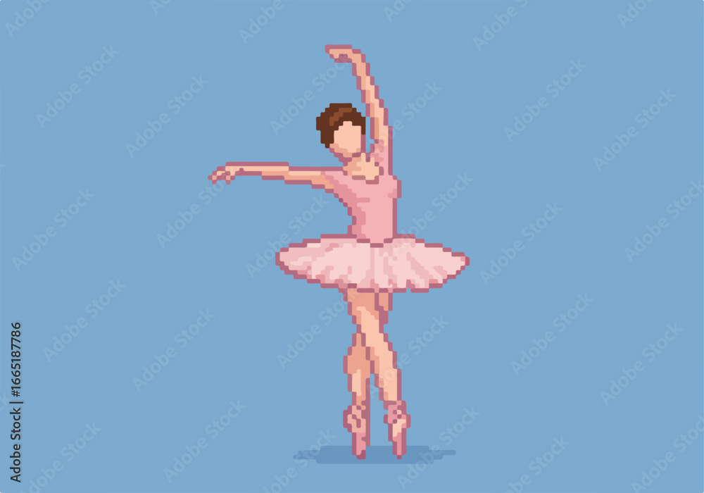 Naklejka premium Pixel art ballerina in arabesque pose on solid blue background. Use decoration