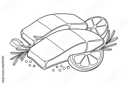 Salmon steaks with lemon and rosemary outline drawing for coloring book