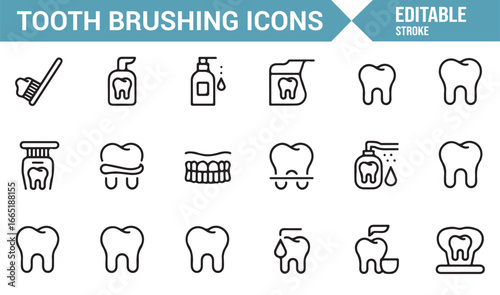 Icon collection showing teeth brushing tools for oral hygiene designs.