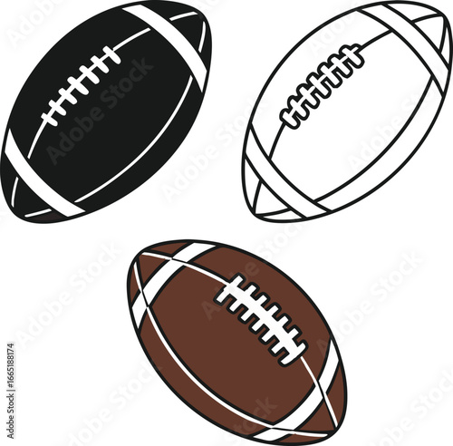 Set of three american footballs in black, white, and brown isolated on white background
