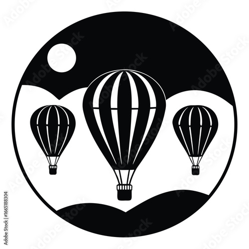 Three hot air balloons in a circular graphic with a moon and stylized landscape