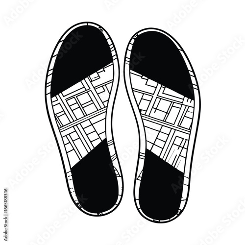 Urban Explorer: Vector illustration of shoe soles with a city map pattern, symbolizing travel, journey, and exploration.