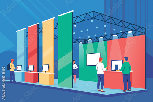 Startup booth at a tech expo with banners and a screen.