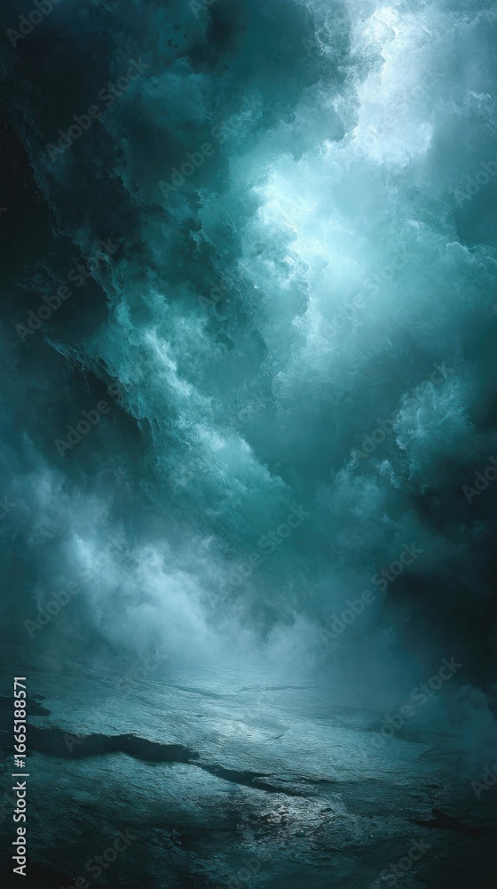 Obraz premium Dramatic underwater view of a powerful ocean wave crashing with light