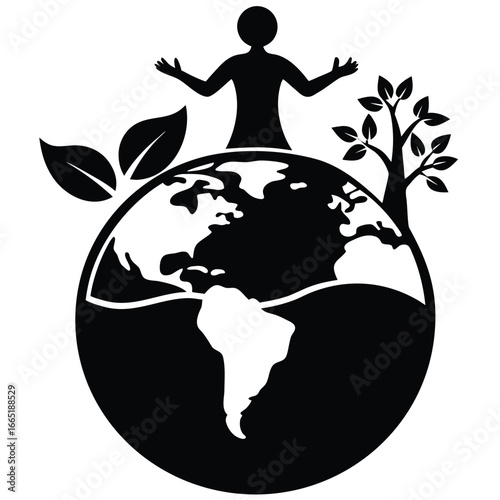 Silhouette of person meditating on top of the earth with a tree and leaves