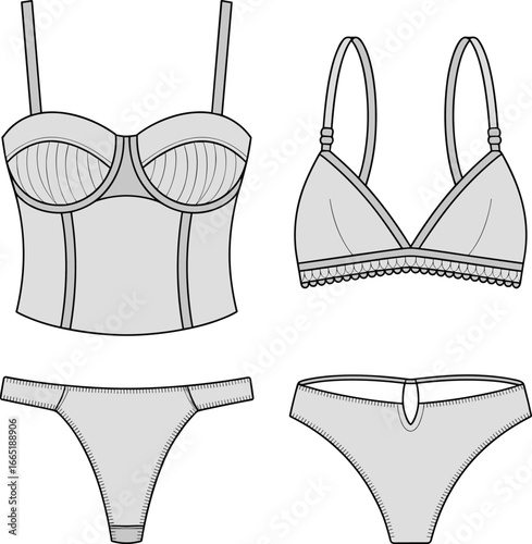 Flat vector sketch of women’s lingerie set with bustier, bralette, and panties for fashion design, apparel template, and production.