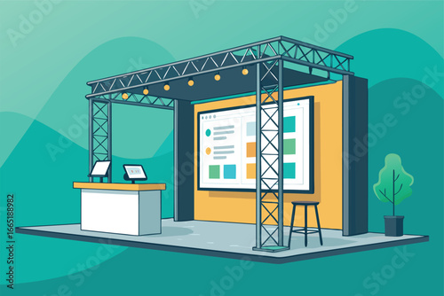 Startup demo booth with a large app screen.