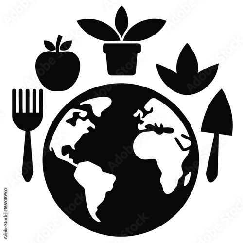 Global agriculture and healthy food concept with earth and garden tools