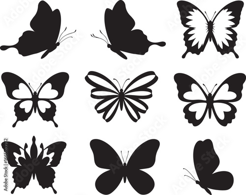 Different butterfly silhouettes vector set with decorative wings and abstract insect designs.