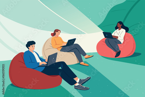Startup founders on bean bags in modern office.