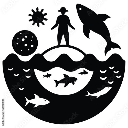 Silhouette of a person observing marine life and celestial bodies