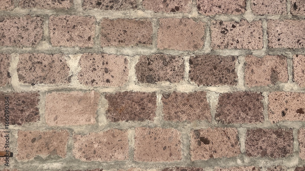 Obraz premium Close-up view of a rustic brick wall made of traditional Armenian tuff stone, showcasing a rich and authentic texture. The bricks vary in natural shades of pink.
