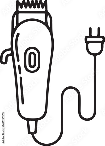 Black and white line art illustrates hair clippers with a power cord