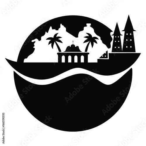 Global travel destination with iconic landmarks and tropical palm trees