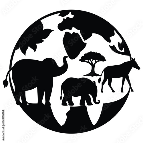 African wildlife silhouette on a globe with savanna tree