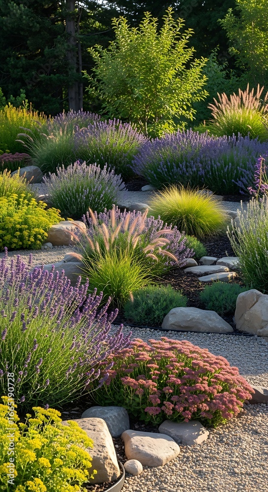 Obraz premium Colorful Garden Pathway with Rocks and Plants.