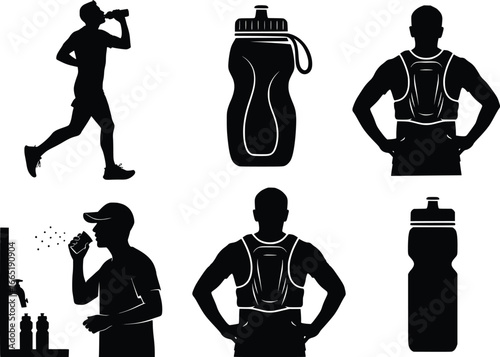 Running and hydration set silhouette collection featuring athletes and water bottles for sports and fitness