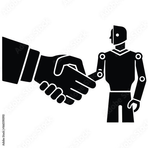Human and robot shaking hands symbolizing partnership and collaboration