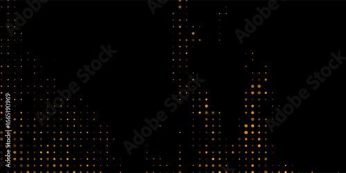 Gold halftone on black background. Vector golden glitter with dotted sparkles or halftone shine pattern texture Pop Art