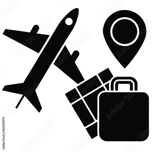 Travel and transportation icons representing flight luggage and destination