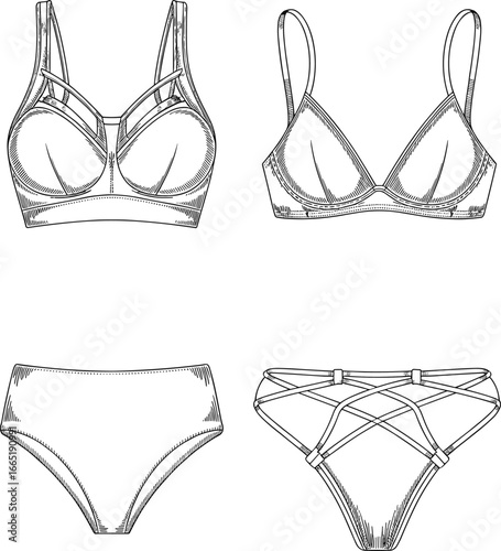 Technical flat sketch of women's lingerie set, including bras and panties, vector fashion design template for sewing and garment production.